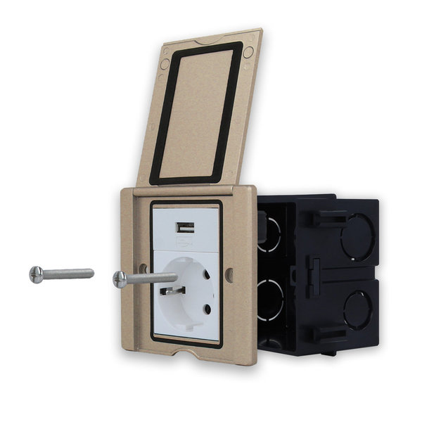 Edelstahl- Wandsteckdose Bodensteckdose in Gold + Steckdose VDE + USB-Modul LT-103-STK-USB-13